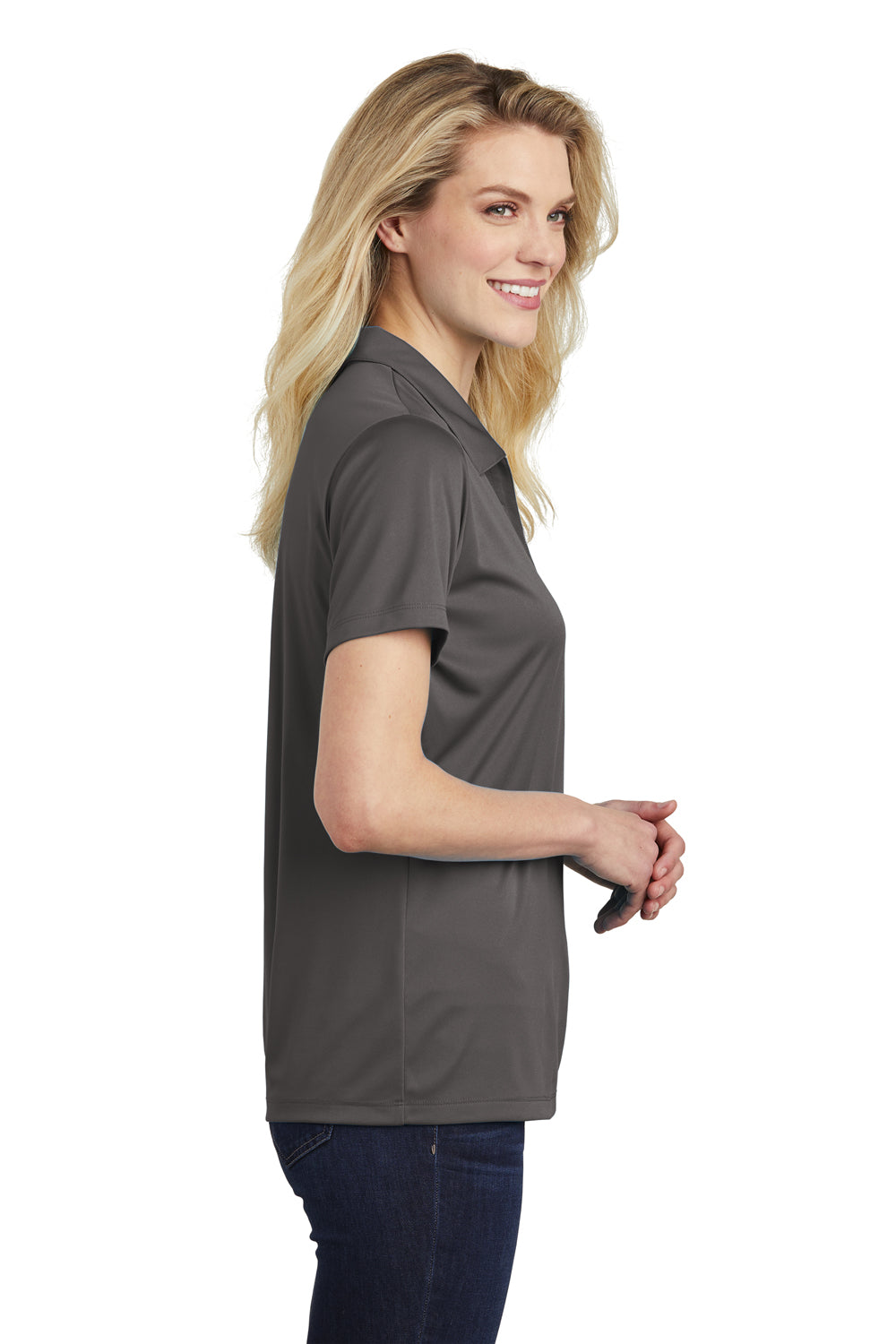 Sport-Tek LST550 Womens Competitor Moisture Wicking Short Sleeve Polo Shirt Iron Grey Model Side