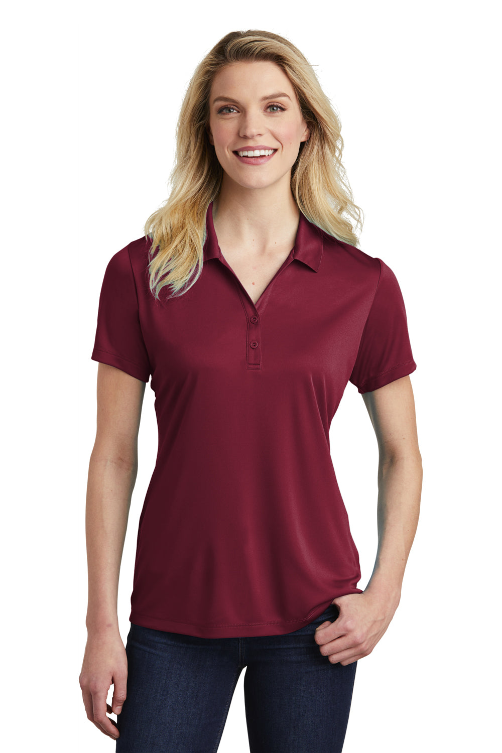 Sport-Tek LST550 Womens Competitor Moisture Wicking Short Sleeve Polo Shirt Maroon Model Front