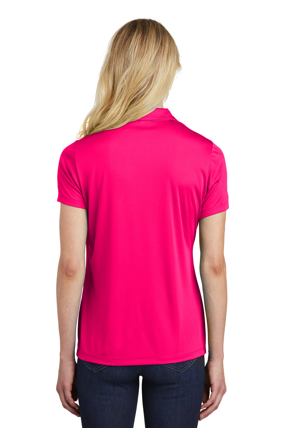 Sport-Tek LST550 Womens Competitor Moisture Wicking Short Sleeve Polo Shirt Raspberry Pink Model Back