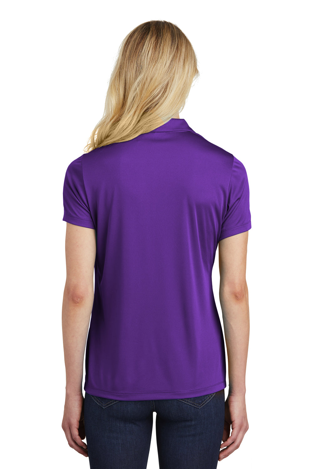 Sport-Tek LST550 Womens Competitor Moisture Wicking Short Sleeve Polo Shirt Purple Model Back