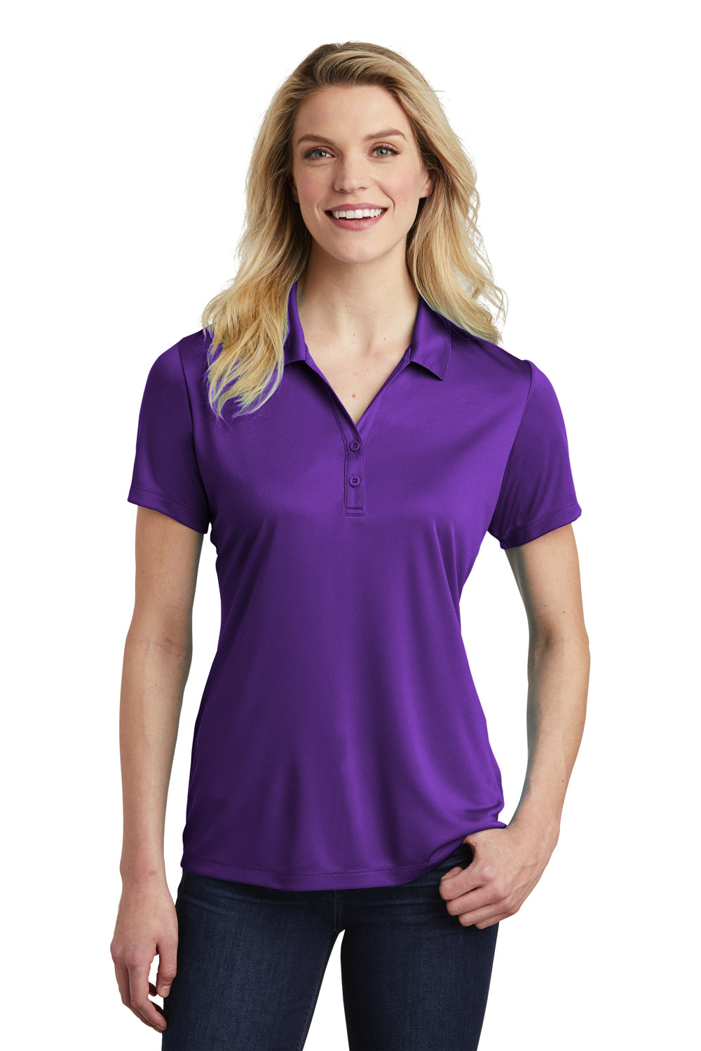 Sport-Tek LST550 Womens Competitor Moisture Wicking Short Sleeve Polo Shirt Purple Model Front