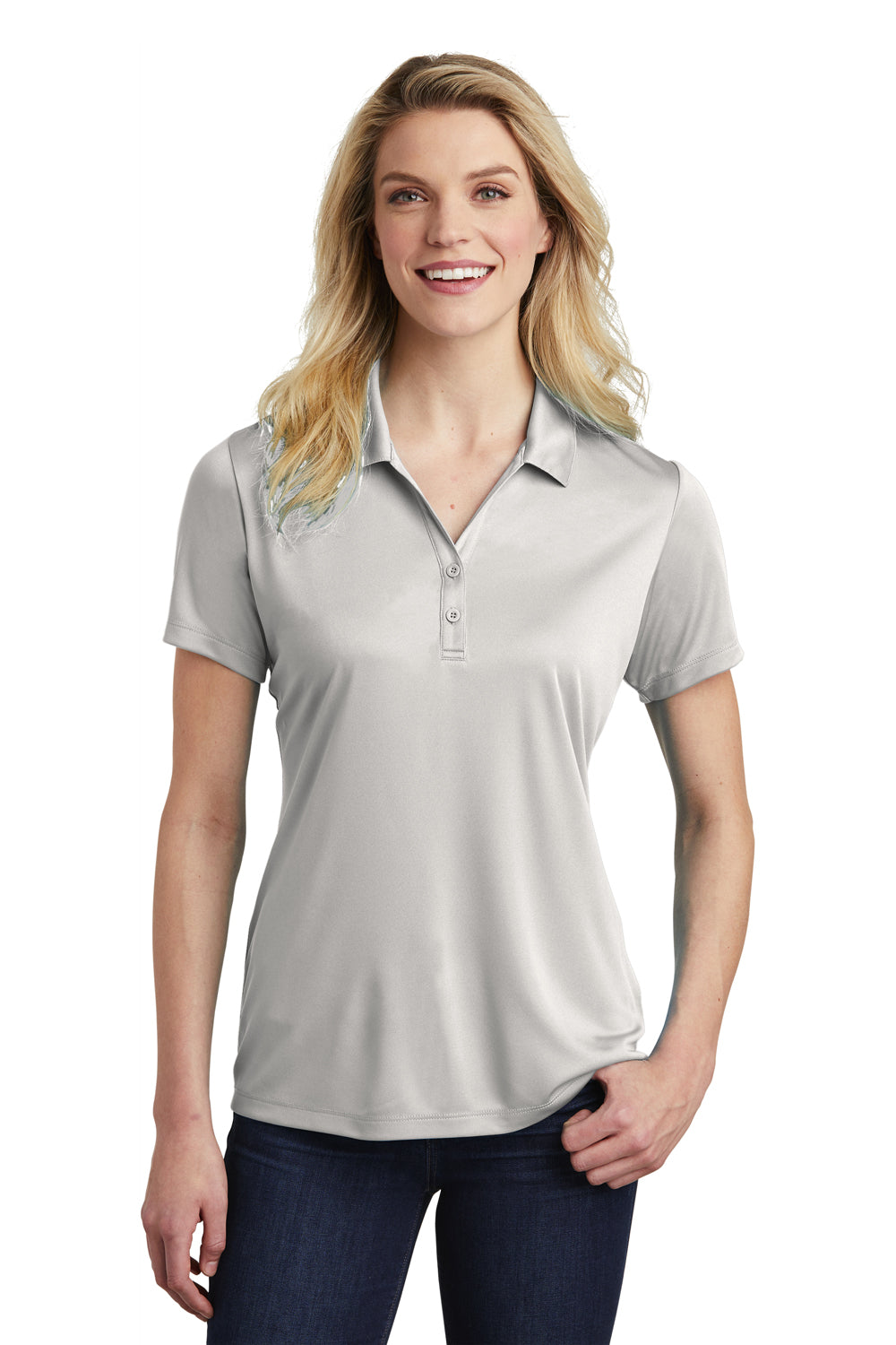 Sport-Tek LST550 Womens Competitor Moisture Wicking Short Sleeve Polo Shirt Silver Grey Model Front