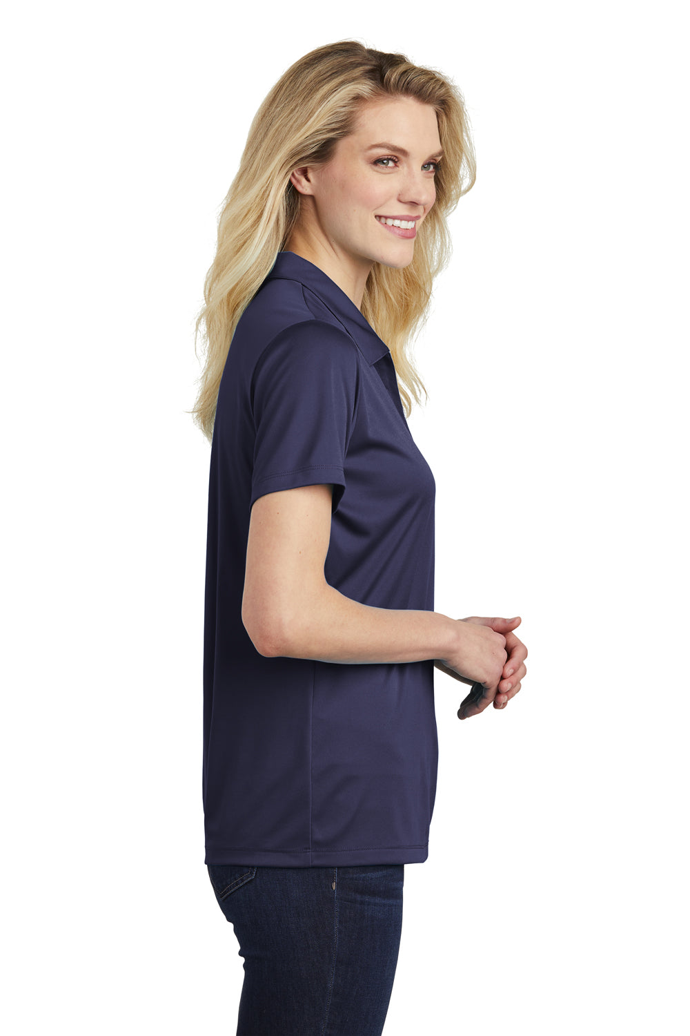 Sport-Tek LST550 Womens Competitor Moisture Wicking Short Sleeve Polo Shirt True Navy Blue Model Side