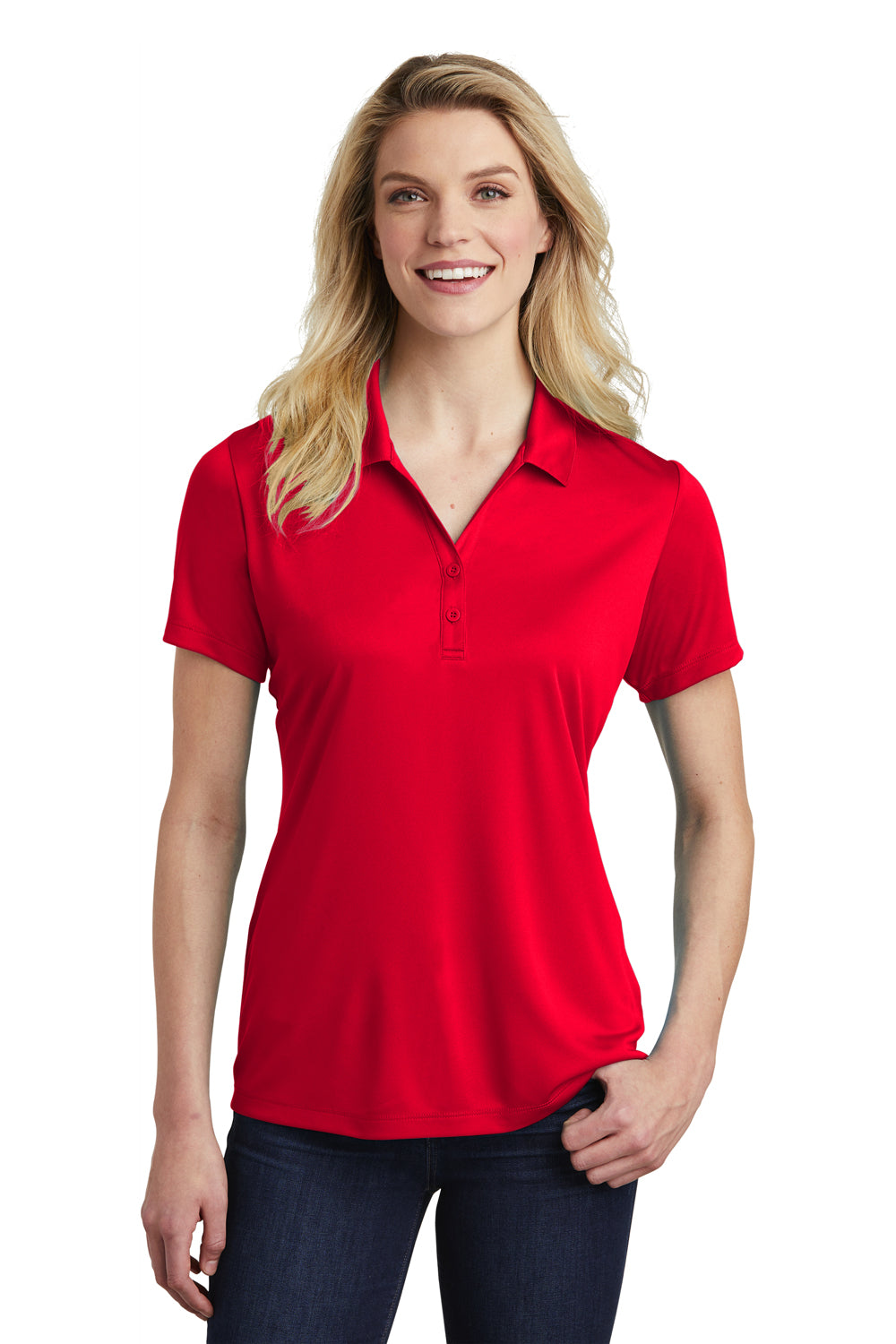 Sport-Tek LST550 Womens Competitor Moisture Wicking Short Sleeve Polo Shirt True Red Model Front