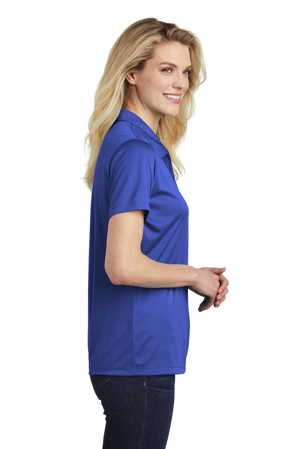 Sport-Tek LST550 Womens Competitor Moisture Wicking Short Sleeve Polo Shirt True Royal Blue Model Side