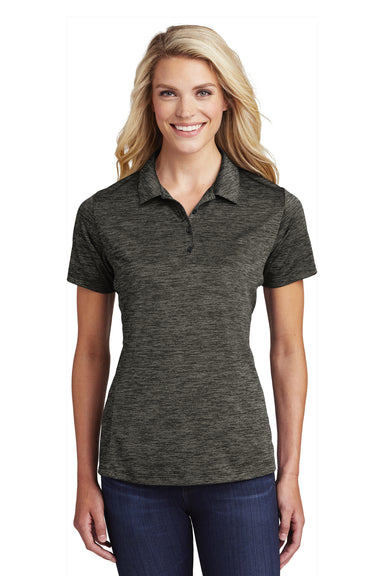 Sport-Tek LST590 Womens Electric Heather Moisture Wicking Short Sleeve Polo Shirt Grey Black Electric Model Front