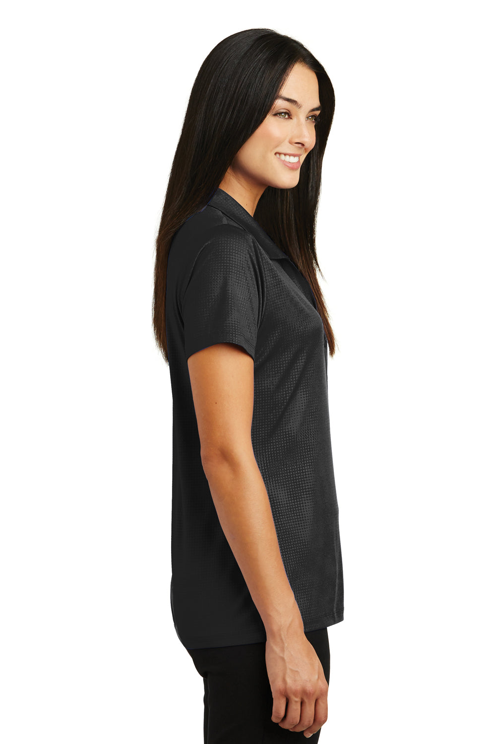 Sport-Tek LST630 Womens Tough Moisture Wicking Short Sleeve Polo Shirt Black Model Side