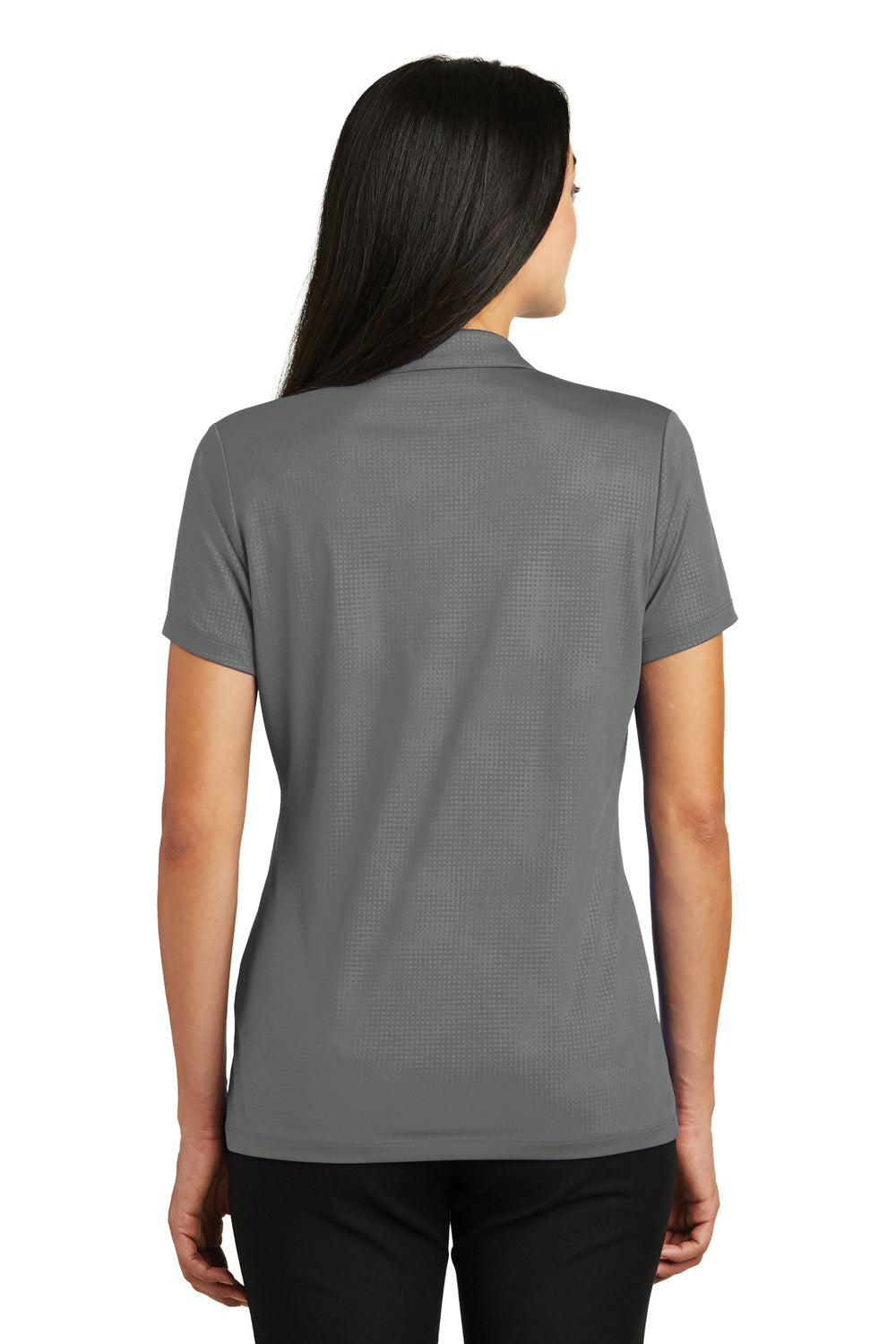 Sport-Tek LST630 Womens Tough Moisture Wicking Short Sleeve Polo Shirt Dark Smoke Grey Model Back