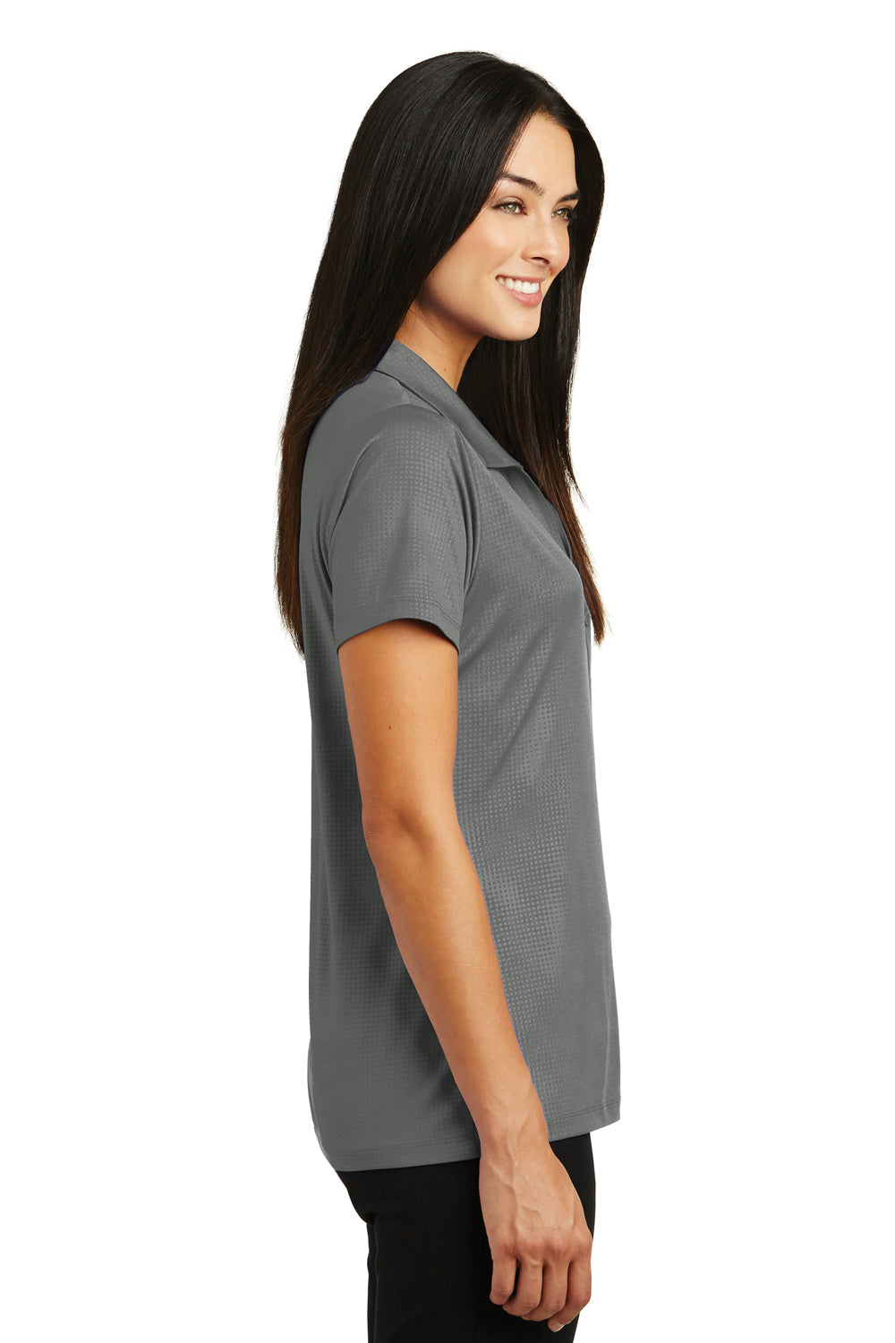 Sport-Tek LST630 Womens Tough Moisture Wicking Short Sleeve Polo Shirt Dark Smoke Grey Model Side