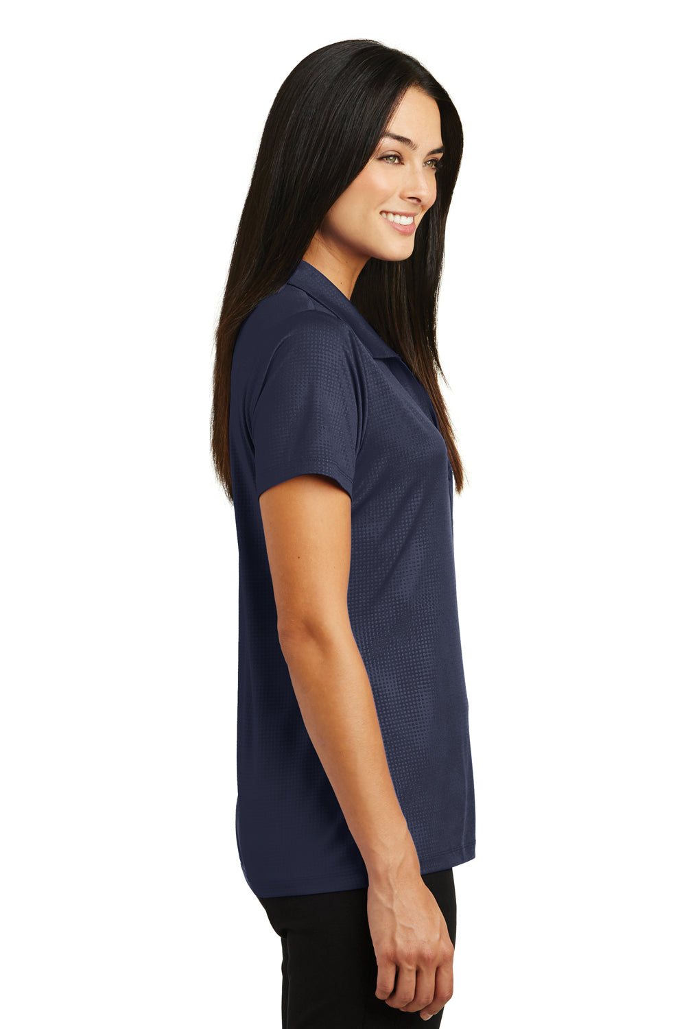 Sport-Tek LST630 Womens Tough Moisture Wicking Short Sleeve Polo Shirt True Navy Blue Model Side