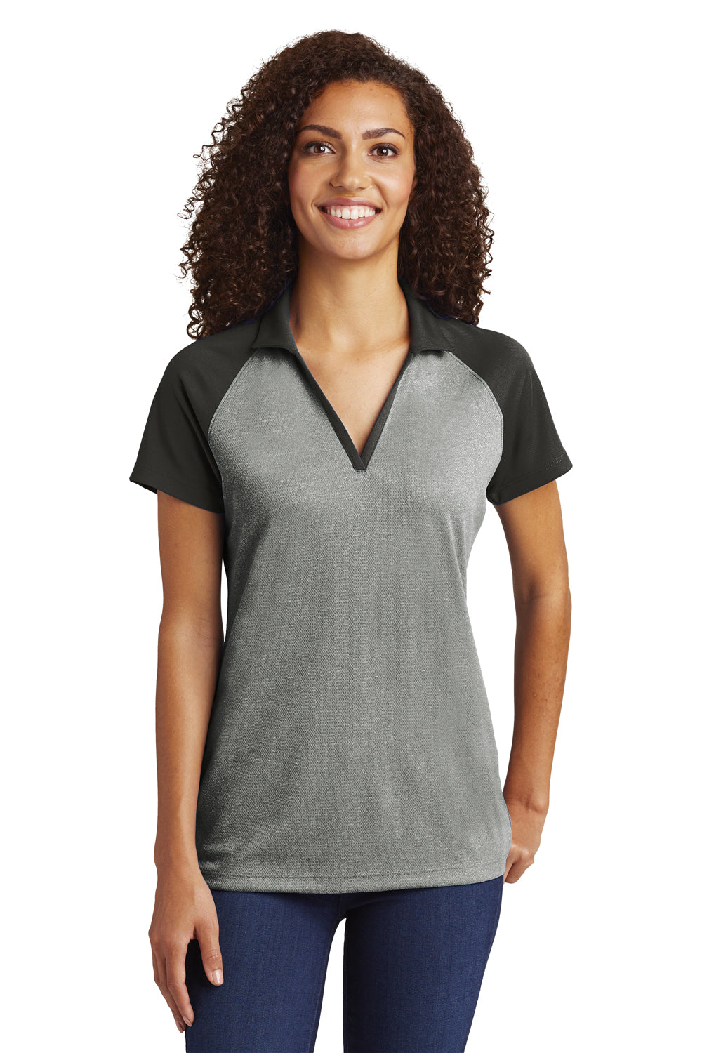 Sport-Tek LST641 Womens RacerMesh Moisture Wicking Short Sleeve Polo Shirt Heather Grey/Black Model Front