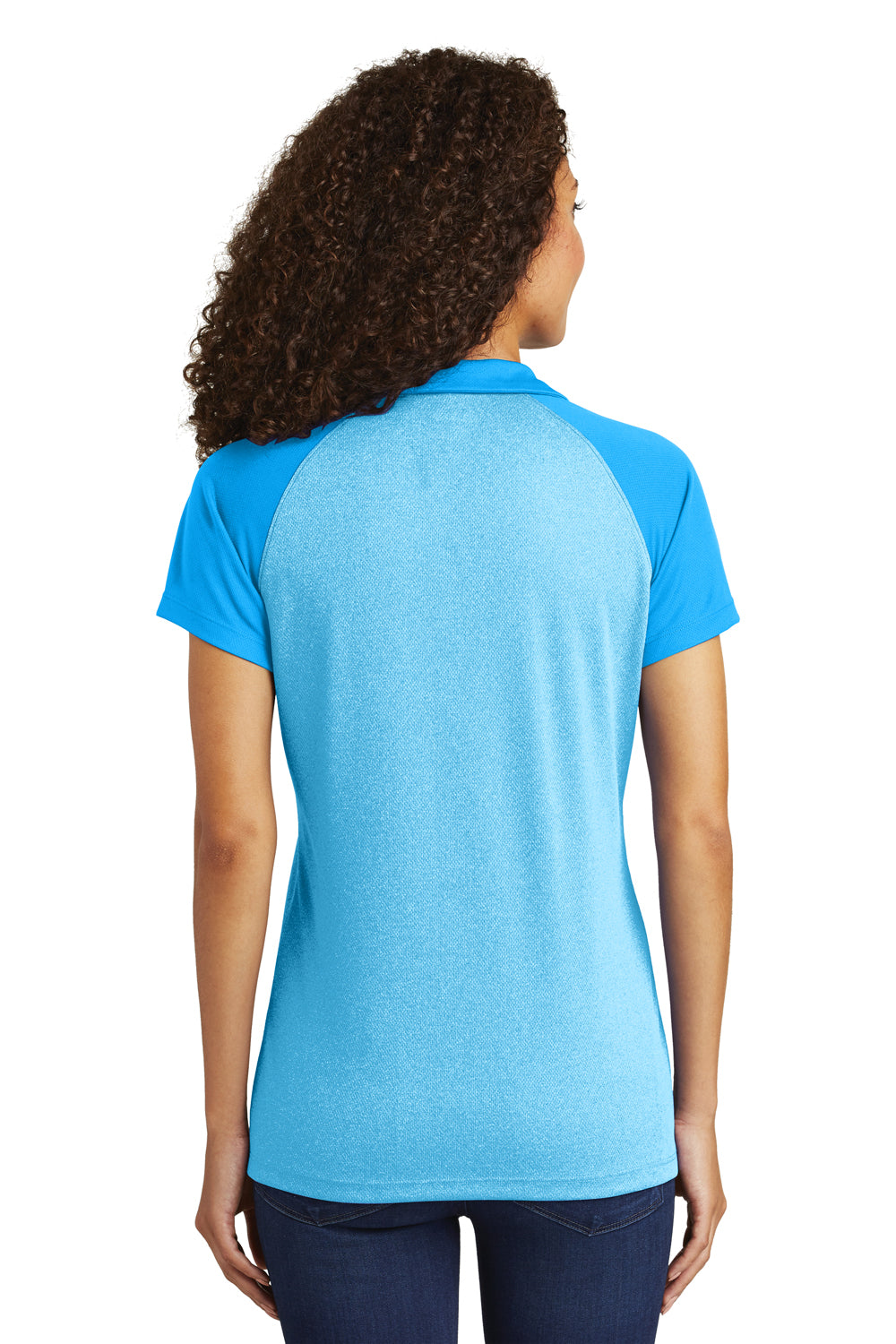 Sport-Tek LST641 Womens RacerMesh Moisture Wicking Short Sleeve Polo Shirt Heather Pond Blue/Pond Blue Model Back