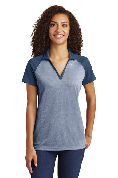 Sport-Tek LST641 Womens RacerMesh Moisture Wicking Short Sleeve Polo Shirt Heather True Navy Blue/True Navy Blue Model Front