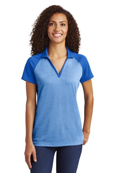 Sport-Tek LST641 Womens RacerMesh Moisture Wicking Short Sleeve Polo Shirt Heather True Royal Blue/True Royal Blue Model Front