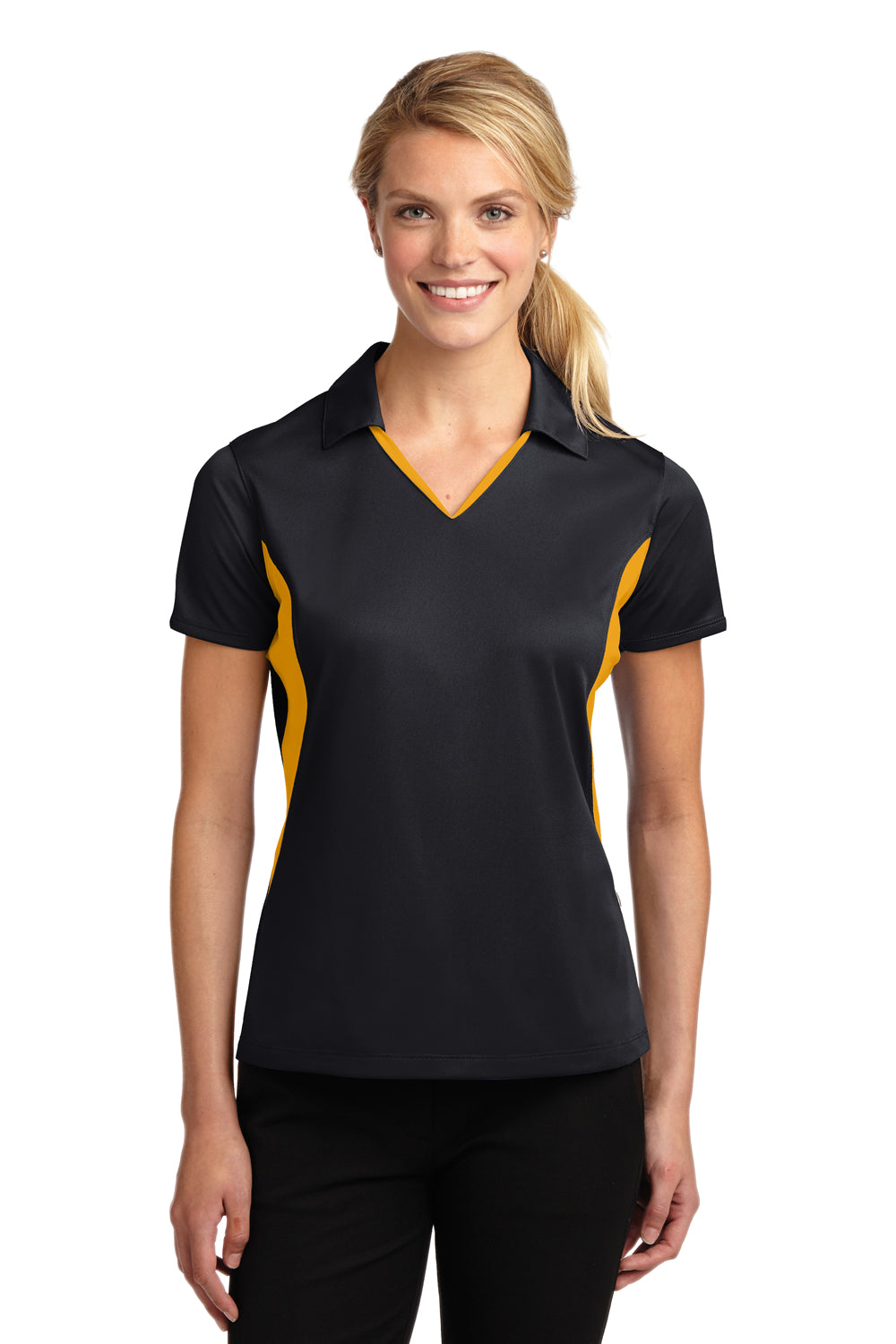 Sport-Tek LST655 Womens Sport-Wick Moisture Wicking Short Sleeve Polo Shirt Black/Gold Model Front