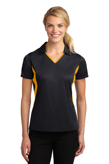 Sport-Tek LST655 Womens Sport-Wick Moisture Wicking Short Sleeve Polo Shirt Black/Gold Model Front