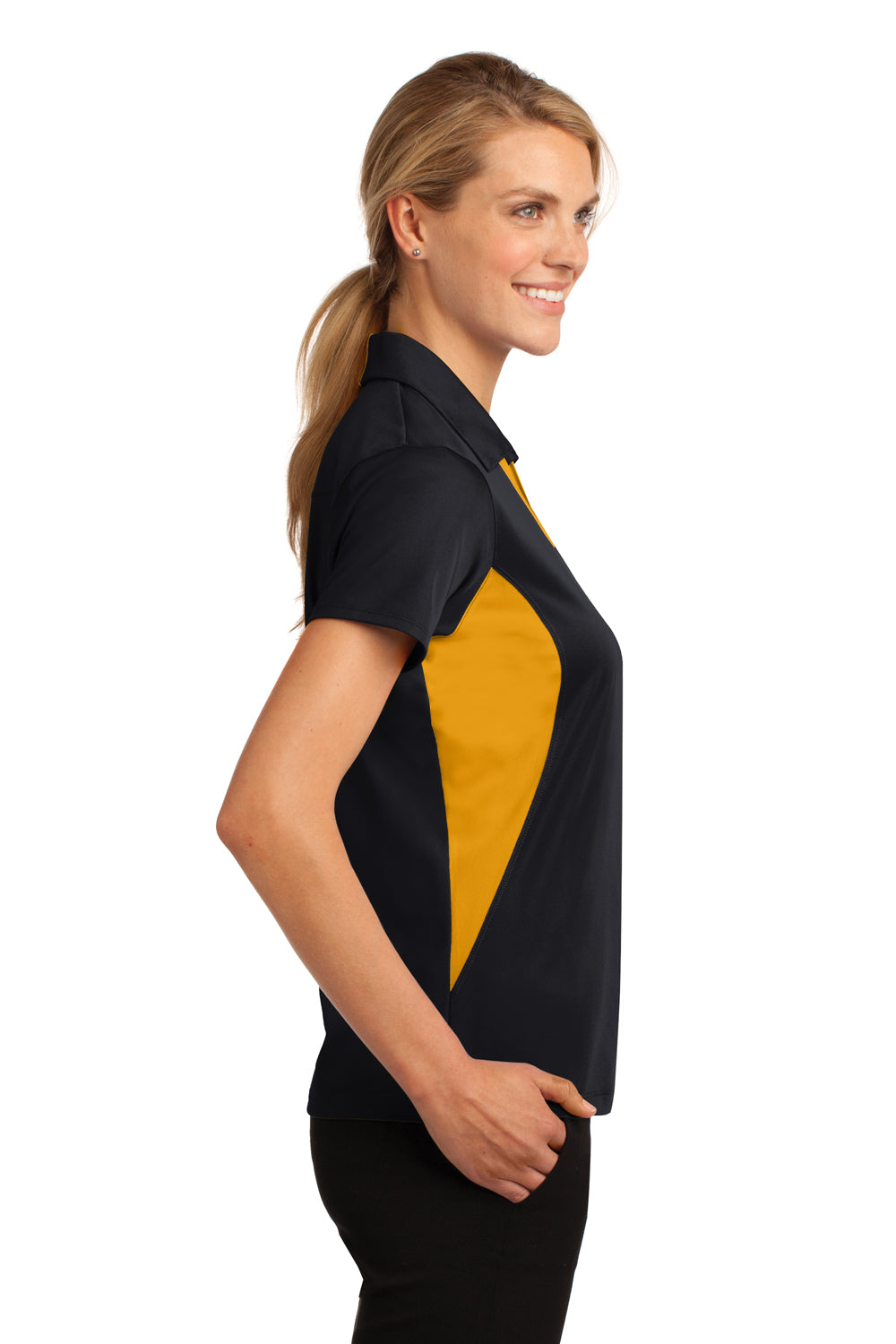 Sport-Tek LST655 Womens Sport-Wick Moisture Wicking Short Sleeve Polo Shirt Black/Gold Model Side