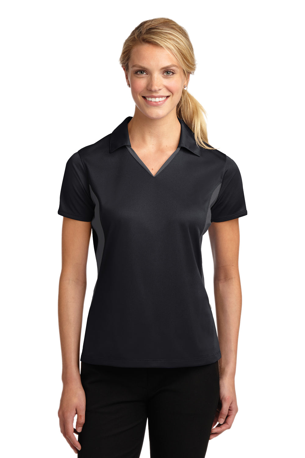 Sport-Tek LST655 Womens Sport-Wick Moisture Wicking Short Sleeve Polo Shirt Black/Iron Grey Model Front