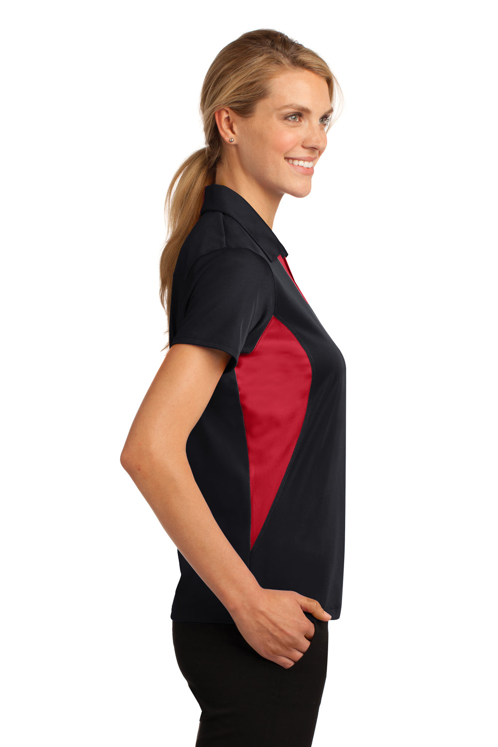 Sport-Tek LST655 Womens Sport-Wick Moisture Wicking Short Sleeve Polo Shirt Black/True Red Model Side