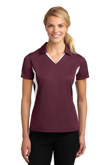 Sport-Tek LST655 Womens Sport-Wick Moisture Wicking Short Sleeve Polo Shirt Maroon/White Model Front