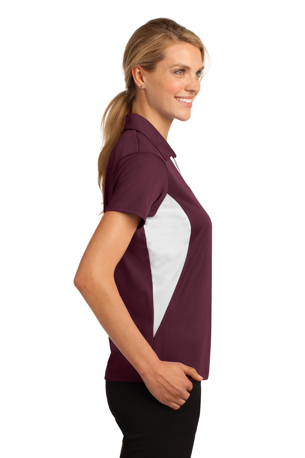 Sport-Tek LST655 Womens Sport-Wick Moisture Wicking Short Sleeve Polo Shirt Maroon/White Model Side