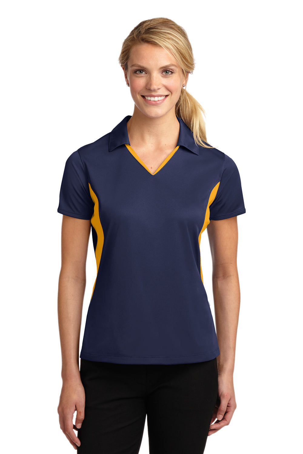 Sport-Tek LST655 Womens Sport-Wick Moisture Wicking Short Sleeve Polo Shirt True Navy Blue/Gold Model Front