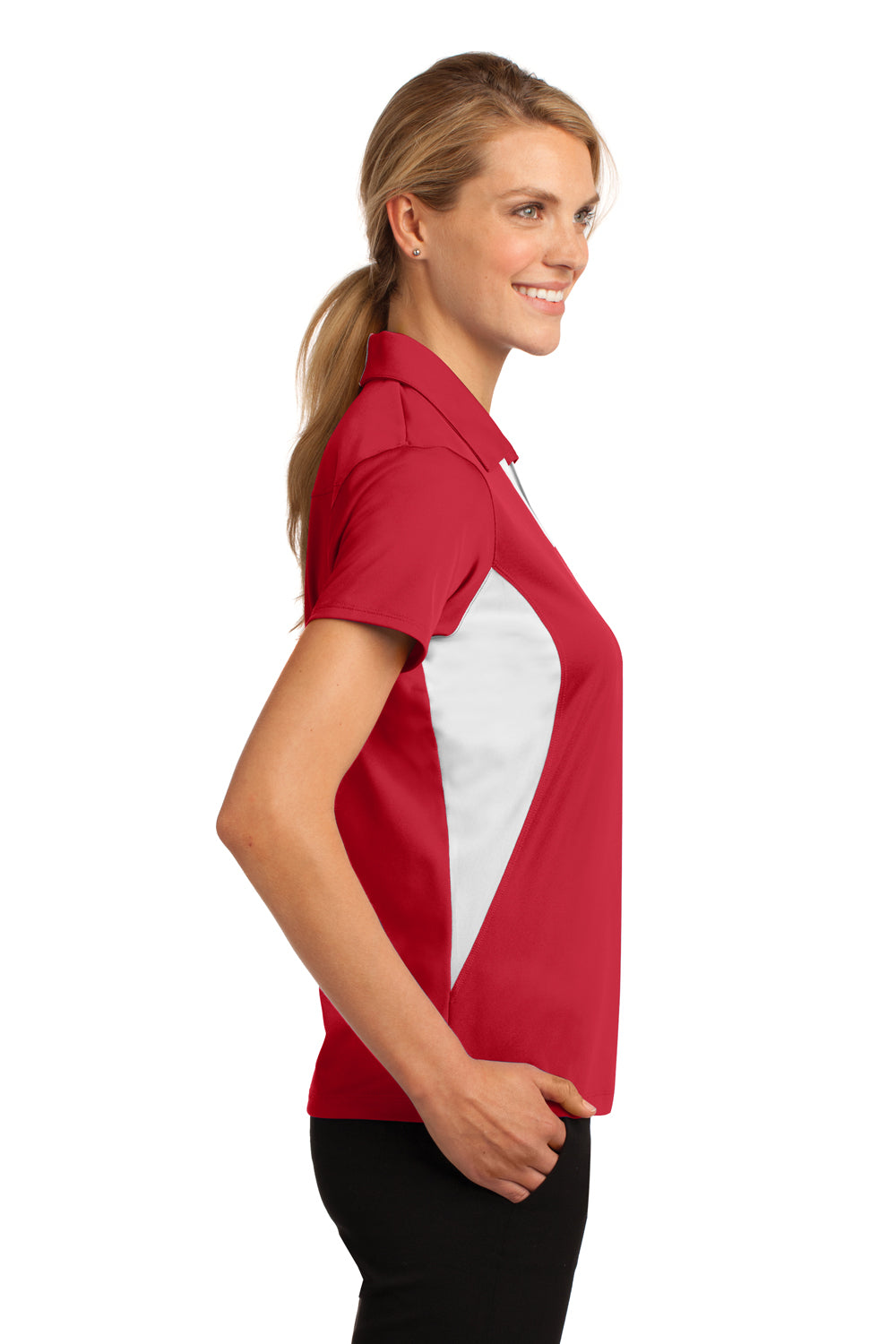 Sport-Tek LST655 Womens Sport-Wick Moisture Wicking Short Sleeve Polo Shirt True Red/White Model Side