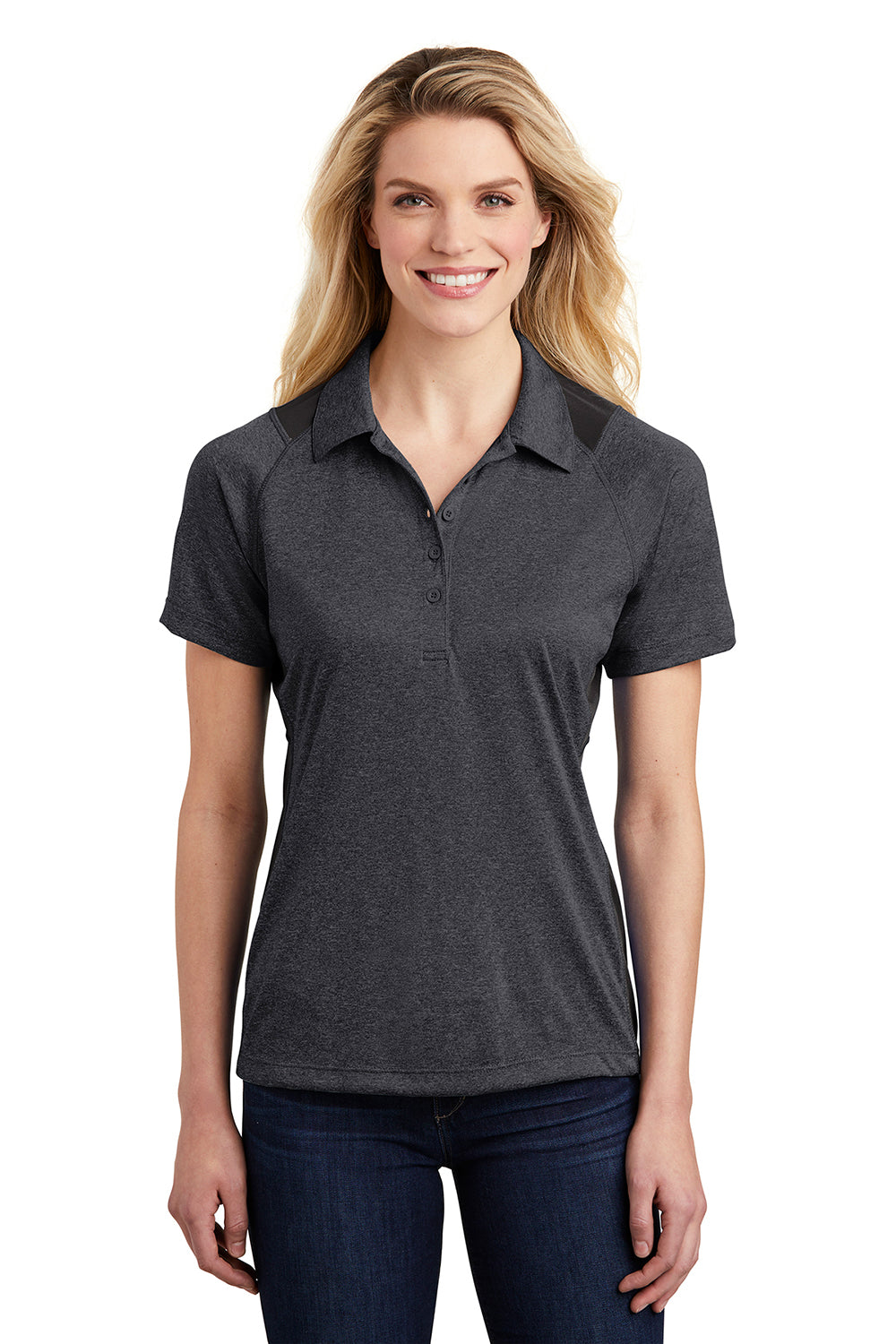 Sport-Tek LST665 Womens Heather Contender Moisture Wicking Short Sleeve Polo Shirt Heather Graphite Grey/Black Model Front