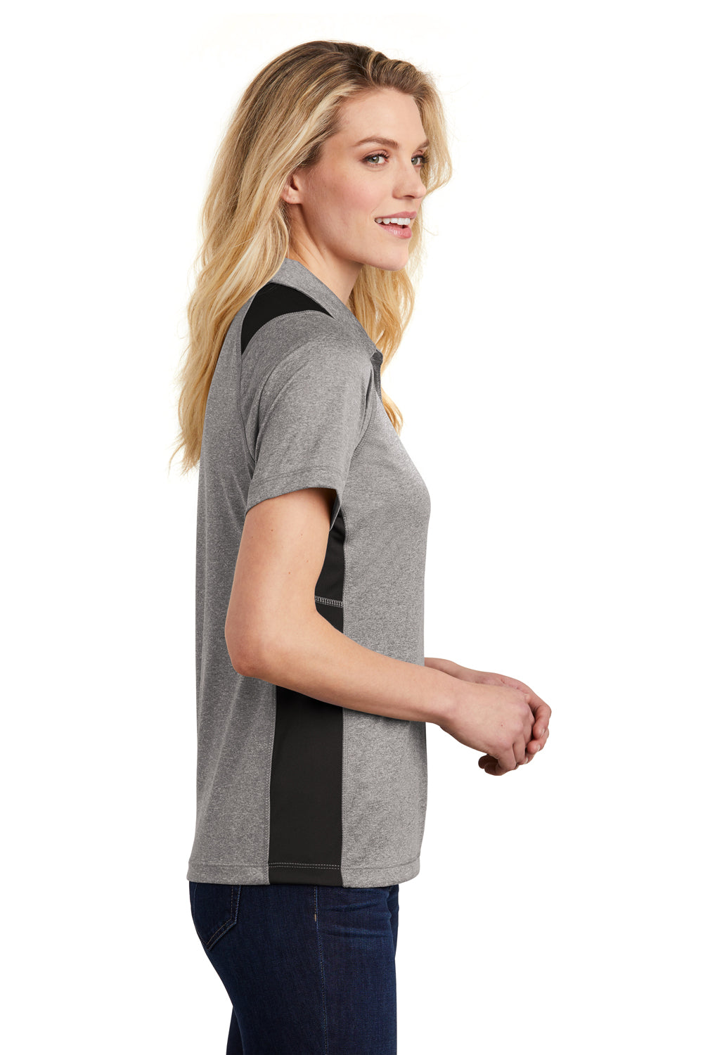 Sport-Tek LST665 Womens Heather Contender Moisture Wicking Short Sleeve Polo Shirt Heather Vintage Grey/Black Model Side