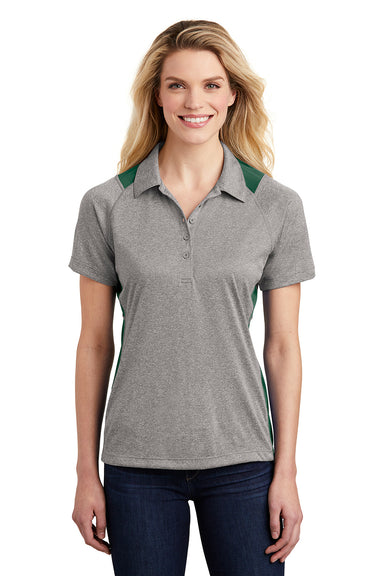 Sport-Tek LST665 Womens Heather Contender Moisture Wicking Short Sleeve Polo Shirt Heather Vintage Grey/Forest Green Model Front