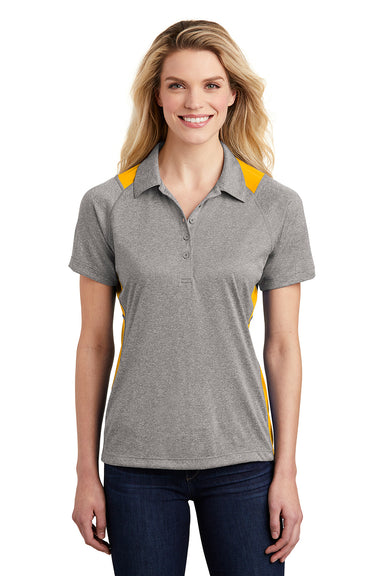 Sport-Tek LST665 Womens Heather Contender Moisture Wicking Short Sleeve Polo Shirt Heather Vintage Grey/Gold Model Front