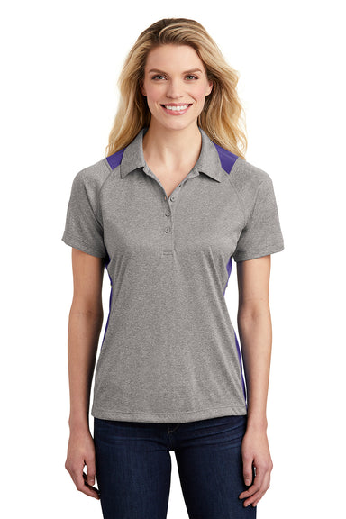 Sport-Tek LST665 Womens Heather Contender Moisture Wicking Short Sleeve Polo Shirt Heather Vintage Grey/Purple Model Front