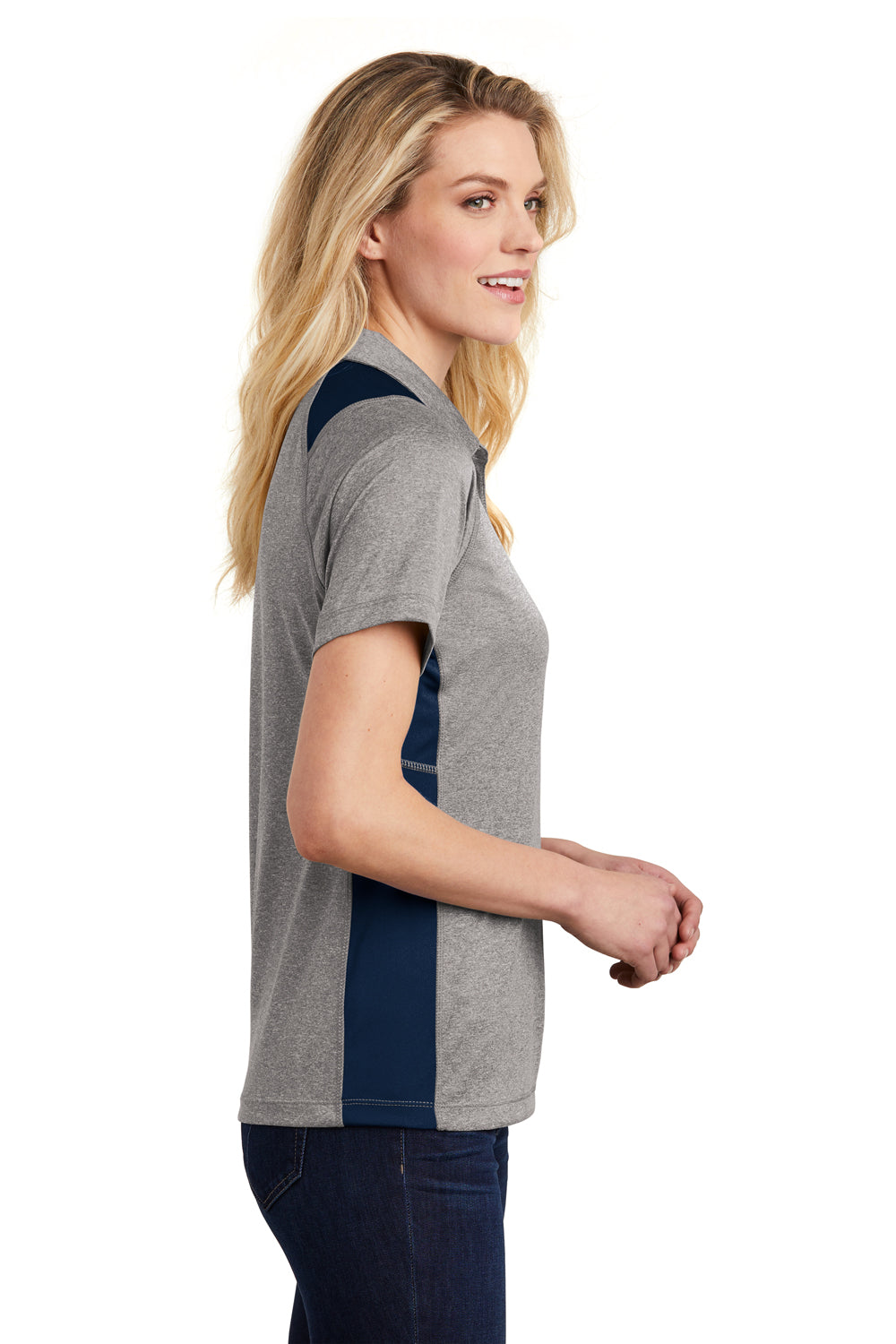 Sport-Tek LST665 Womens Heather Contender Moisture Wicking Short Sleeve Polo Shirt Heather Vintage Grey/True Navy Blue Model Side