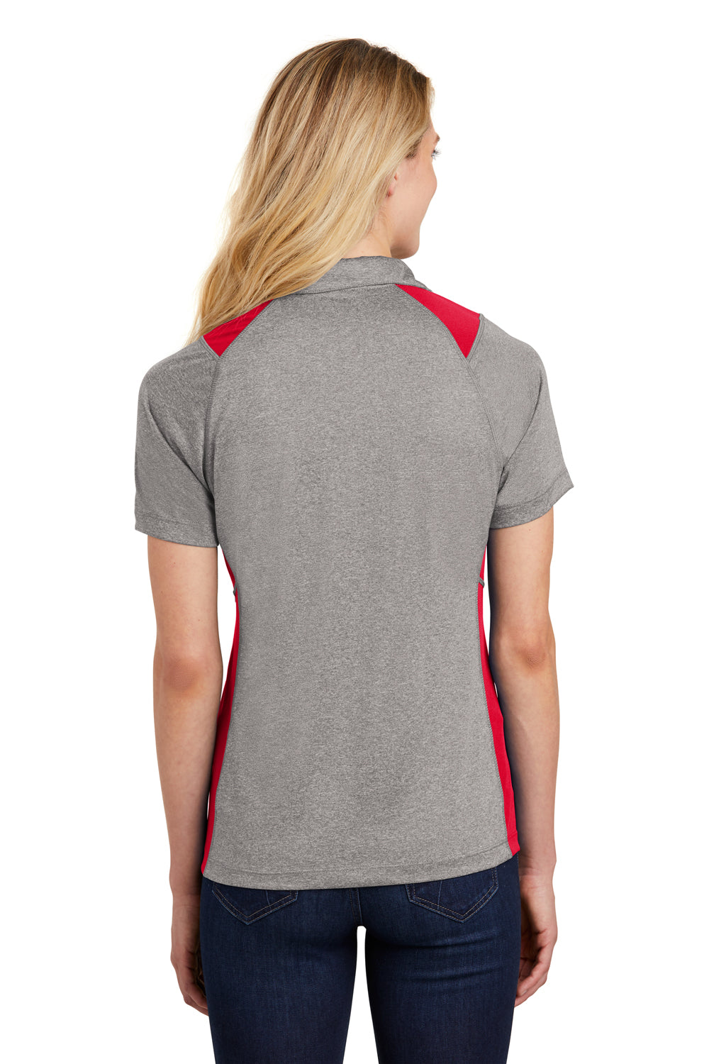 Sport-Tek LST665 Womens Heather Contender Moisture Wicking Short Sleeve Polo Shirt Heather Vintage Grey/True Red Model Back