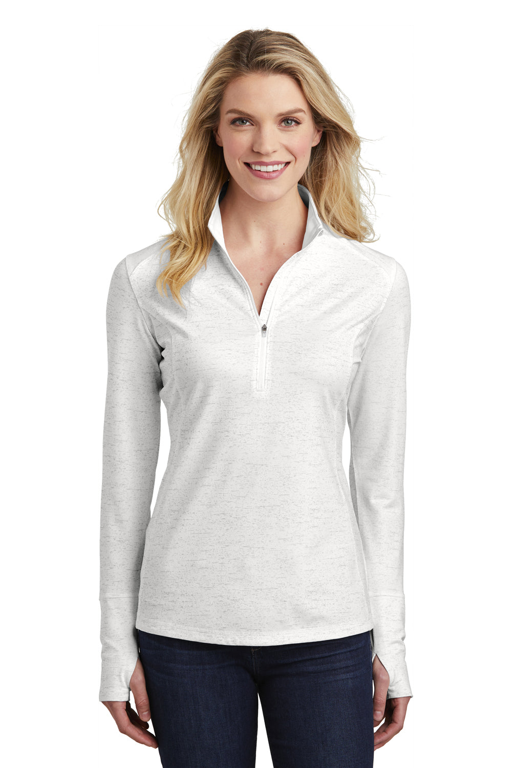 Sport-Tek LST855 Womens Sport-Wick Moisture Wicking 1/4 Zip Sweatshirt White Model Front