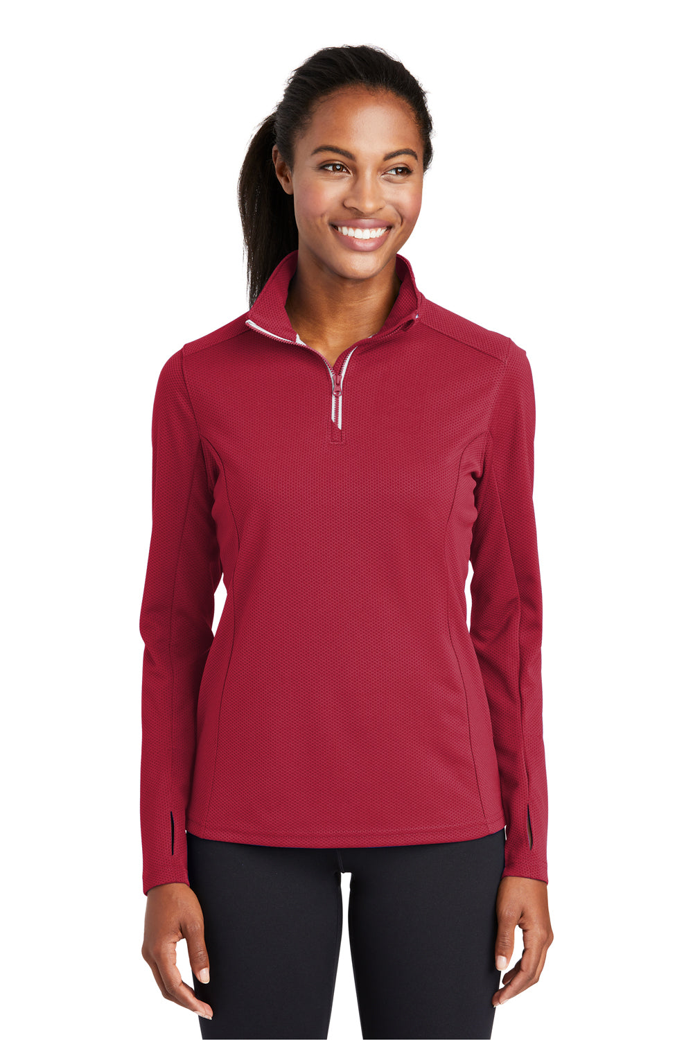 Sport-Tek LST860 Womens Sport-Wick Moisture Wicking 1/4 Zip Sweatshirt Deep Red Model Front