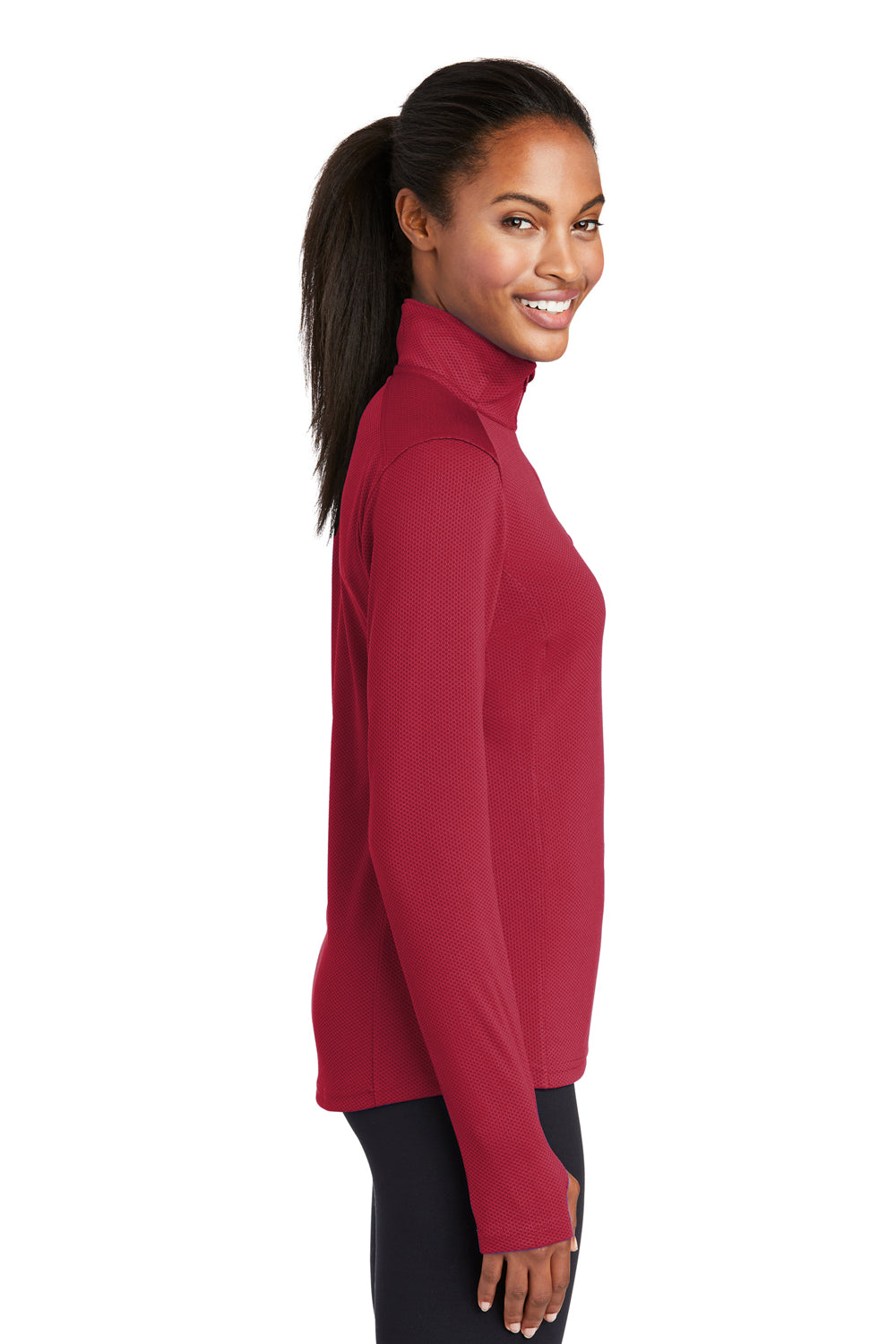 Sport-Tek LST860 Womens Sport-Wick Moisture Wicking 1/4 Zip Sweatshirt Deep Red Model Side