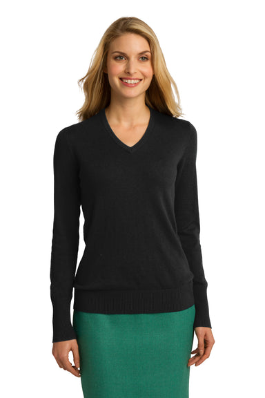 Port Authority LSW285 Womens Long Sleeve V-Neck Sweater Black Model Front