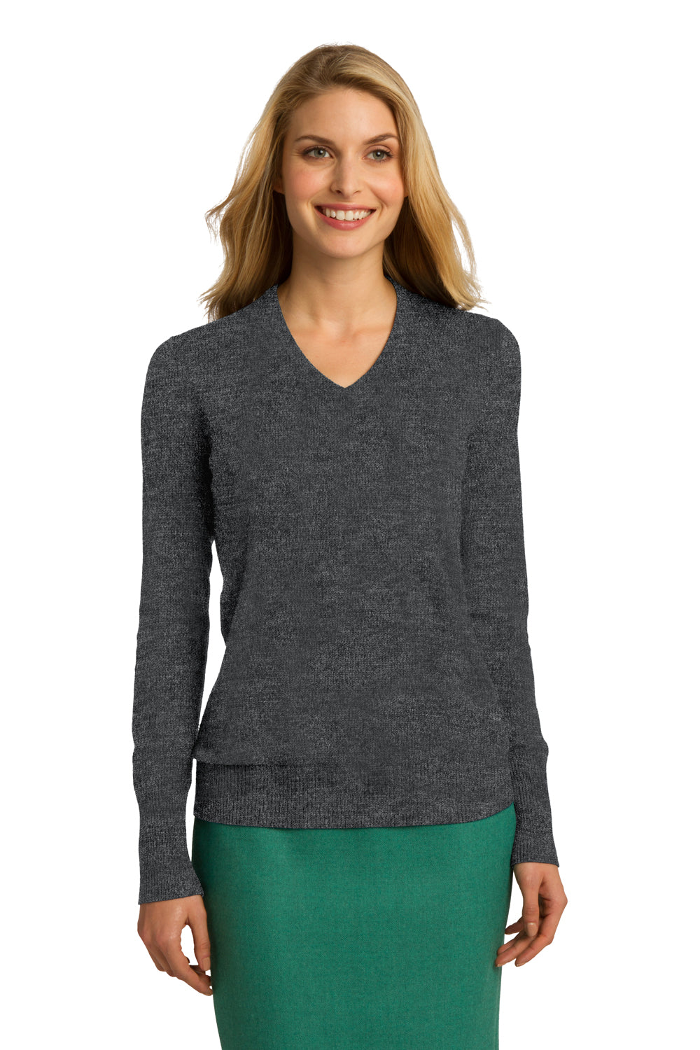 Port Authority LSW285 Womens Long Sleeve V-Neck Sweater Heather Charcoal Grey Model Front