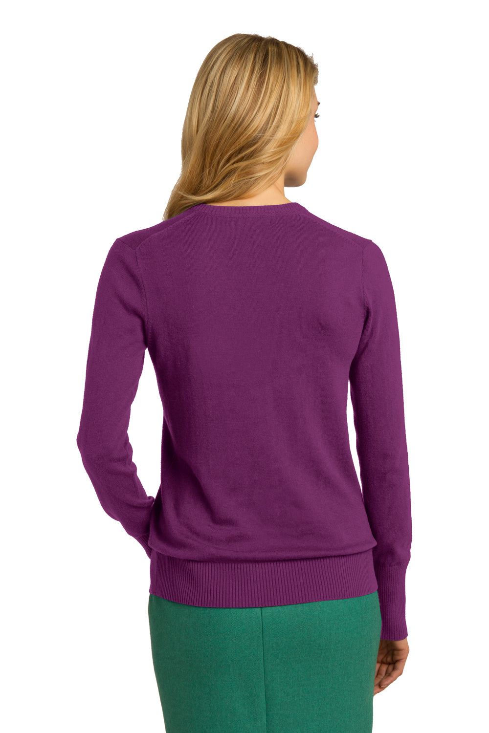 Port Authority LSW285 Womens Long Sleeve V-Neck Sweater Deep Berry Purple Model Back