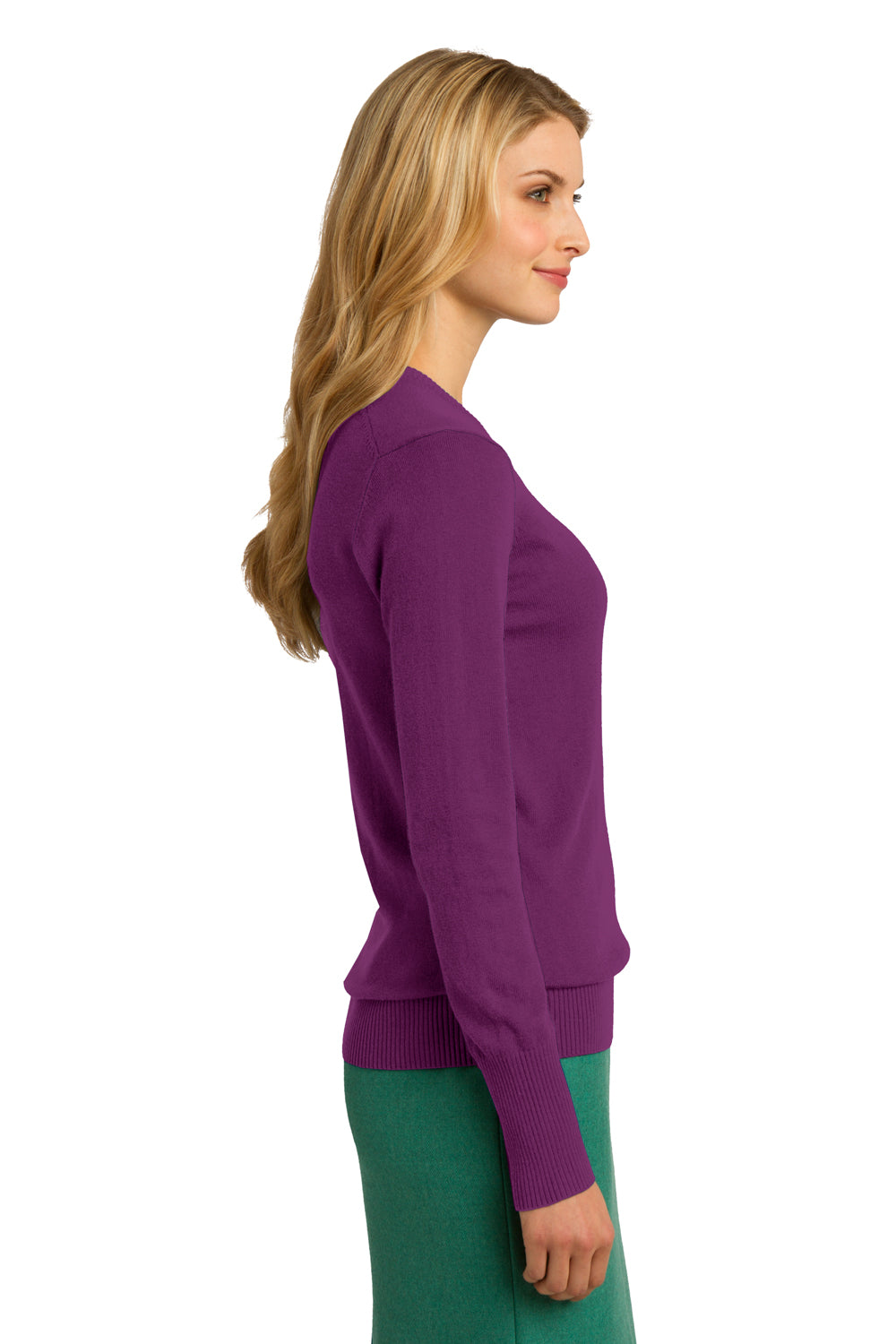 Port Authority LSW285 Womens Long Sleeve V-Neck Sweater Deep Berry Purple Model Side