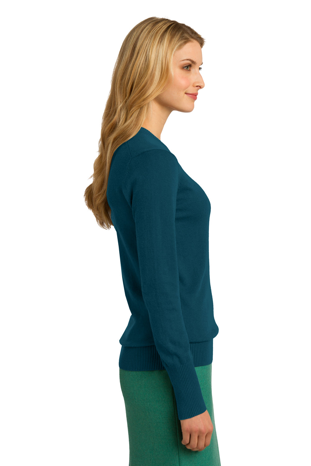 Port Authority LSW285 Womens Long Sleeve V-Neck Sweater Moroccan Blue Model Side