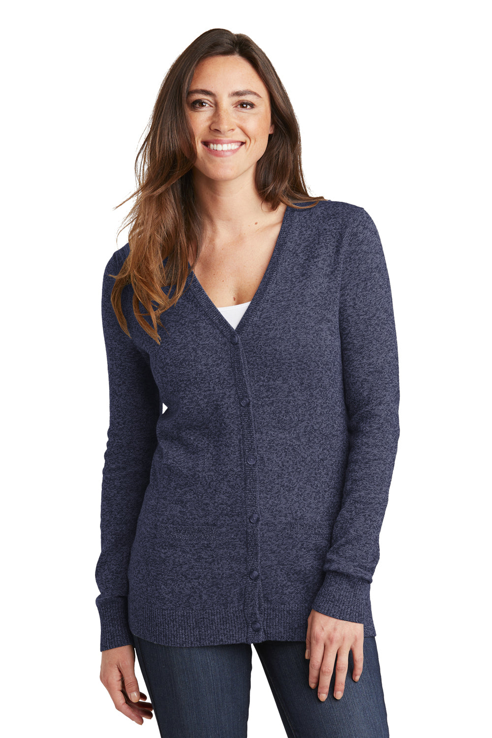 Port Authority LSW415 Womens Long Sleeve Cardigan Sweater Navy Blue Marl Model Front