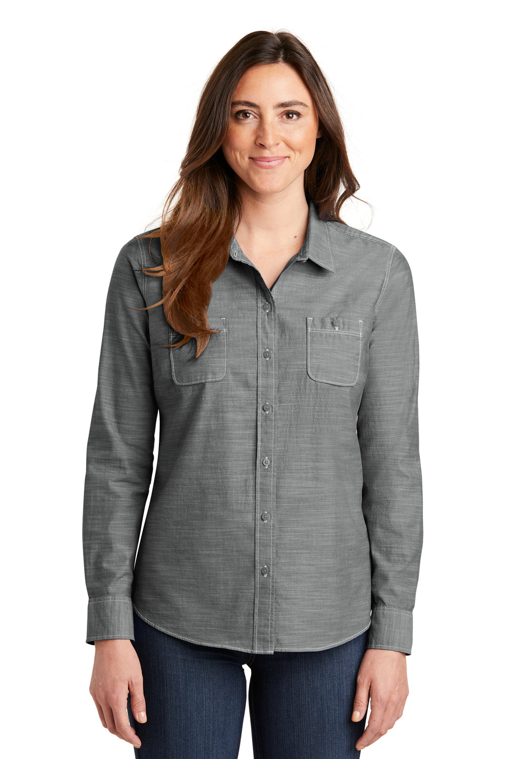 Port Authority LW380 Womens Slub Chambray Long Sleeve Button Down Shirt w/ Double Pockets Grey Model Front