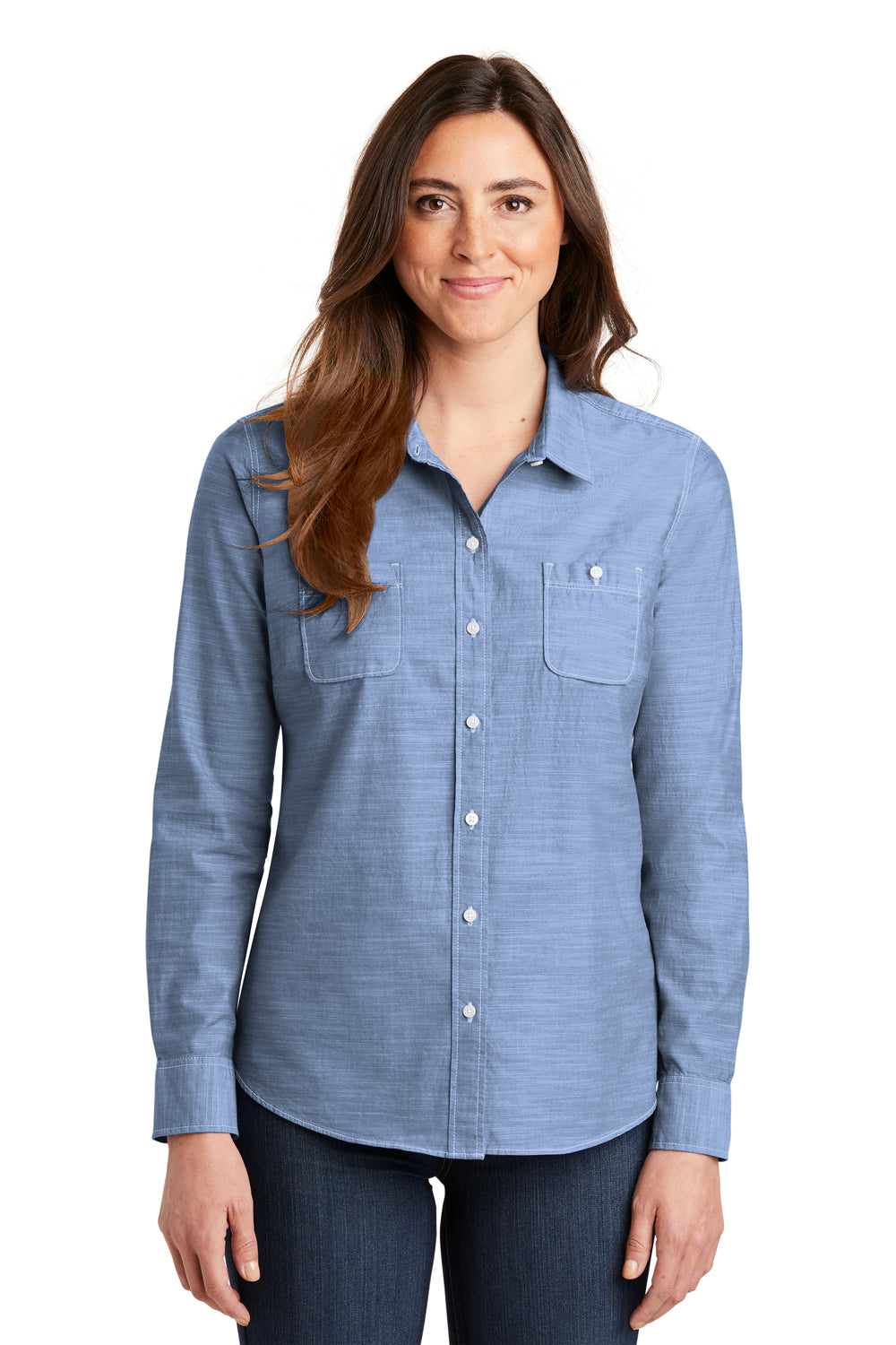 Port Authority LW380 Womens Slub Chambray Long Sleeve Button Down Shirt w/ Double Pockets Light Blue Model Front