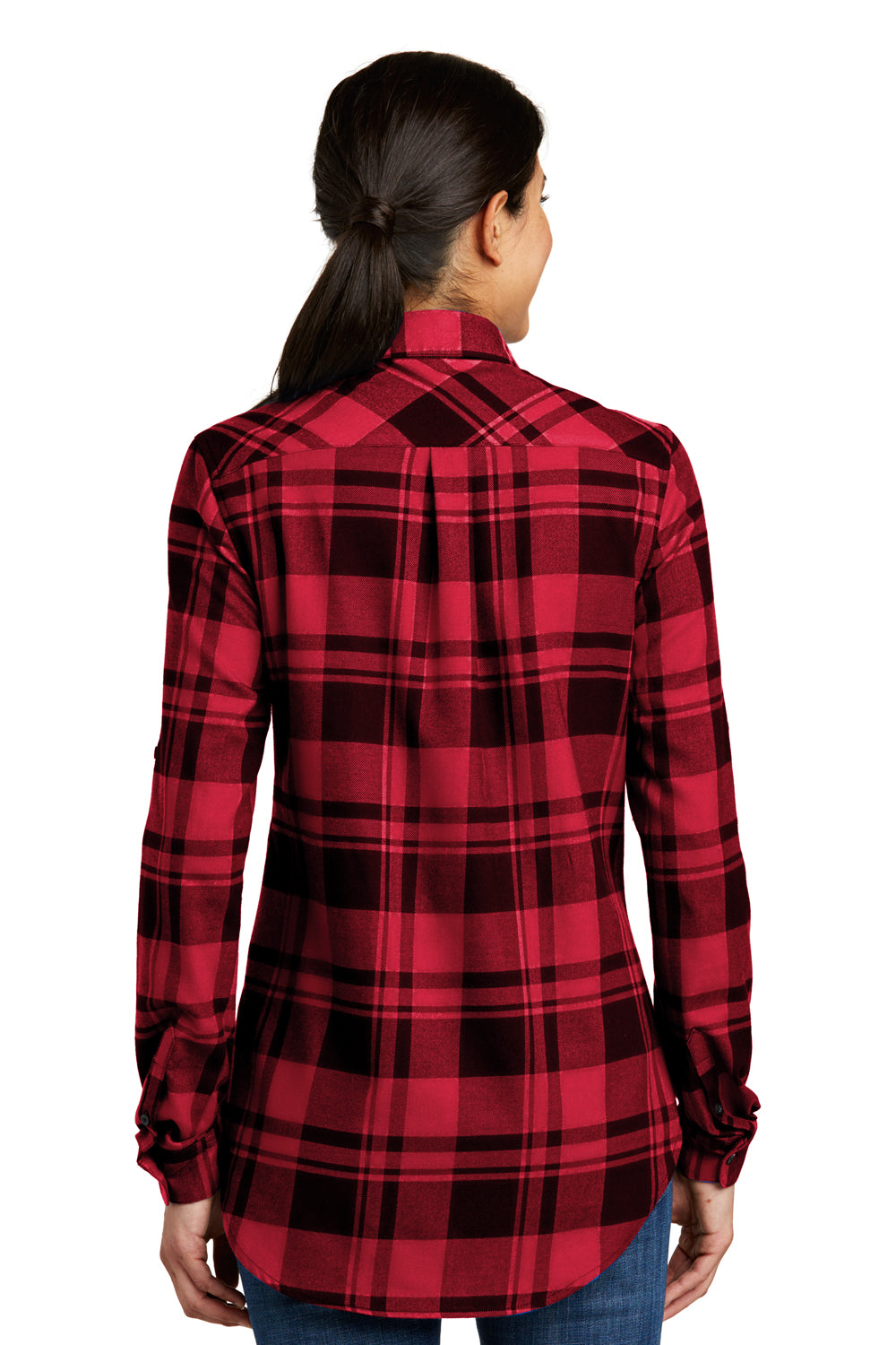 Port Authority LW668 Womens Flannel Long Sleeve Button Down Shirt Engine Red/Black Model Back