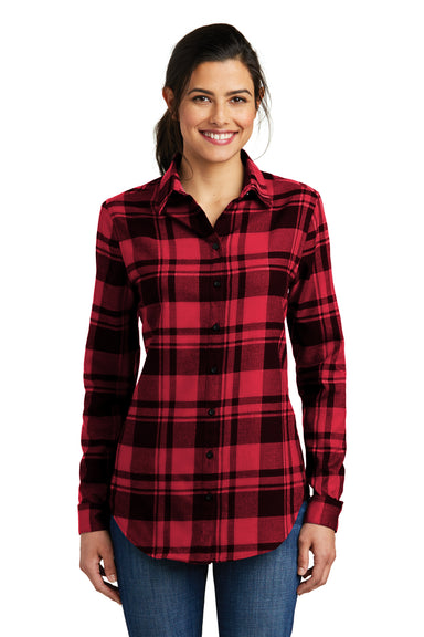 Port Authority LW668 Womens Flannel Long Sleeve Button Down Shirt Engine Red/Black Model Front