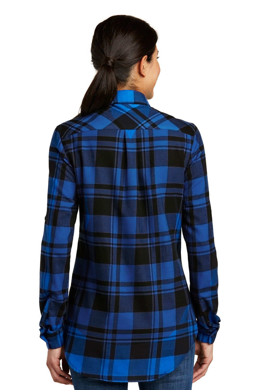 Port Authority LW668 Womens Flannel Long Sleeve Button Down Shirt Royal Blue/Black Model Back