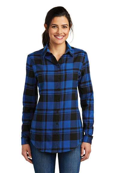 Port Authority LW668 Womens Flannel Long Sleeve Button Down Shirt Royal Blue/Black Model Front