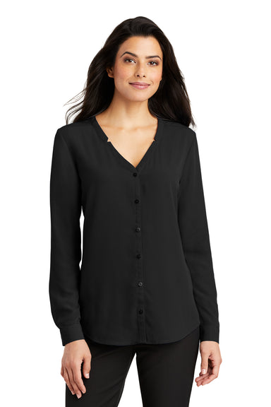 Port Authority LW700 Womens Long Sleeve Button Down Shirt Black Model Front